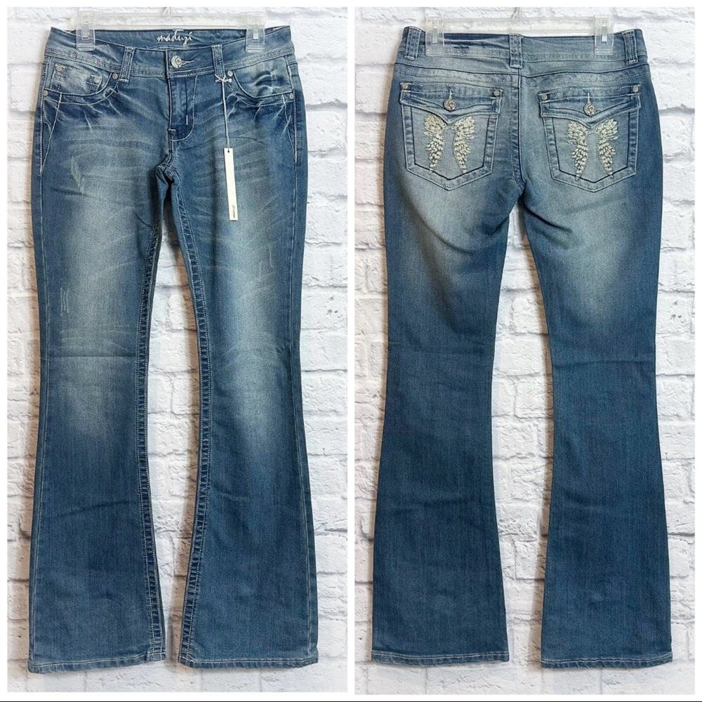 Maduzi Y2K Embroidered Angel Wing Pocket Low Rise Flare Jeans IRREGULAR READ